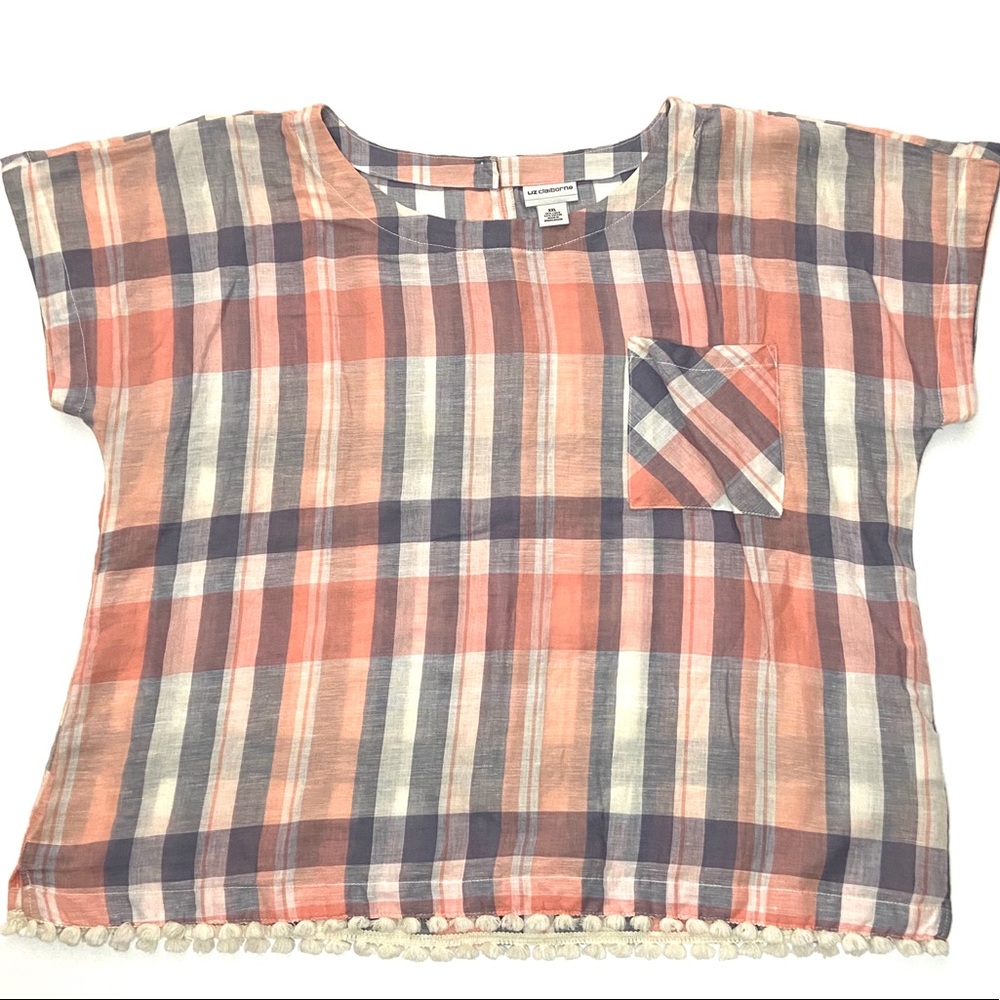 Liz Claiborne Peach, Bluish Gray & Cream Plaid Short Sleeve Top